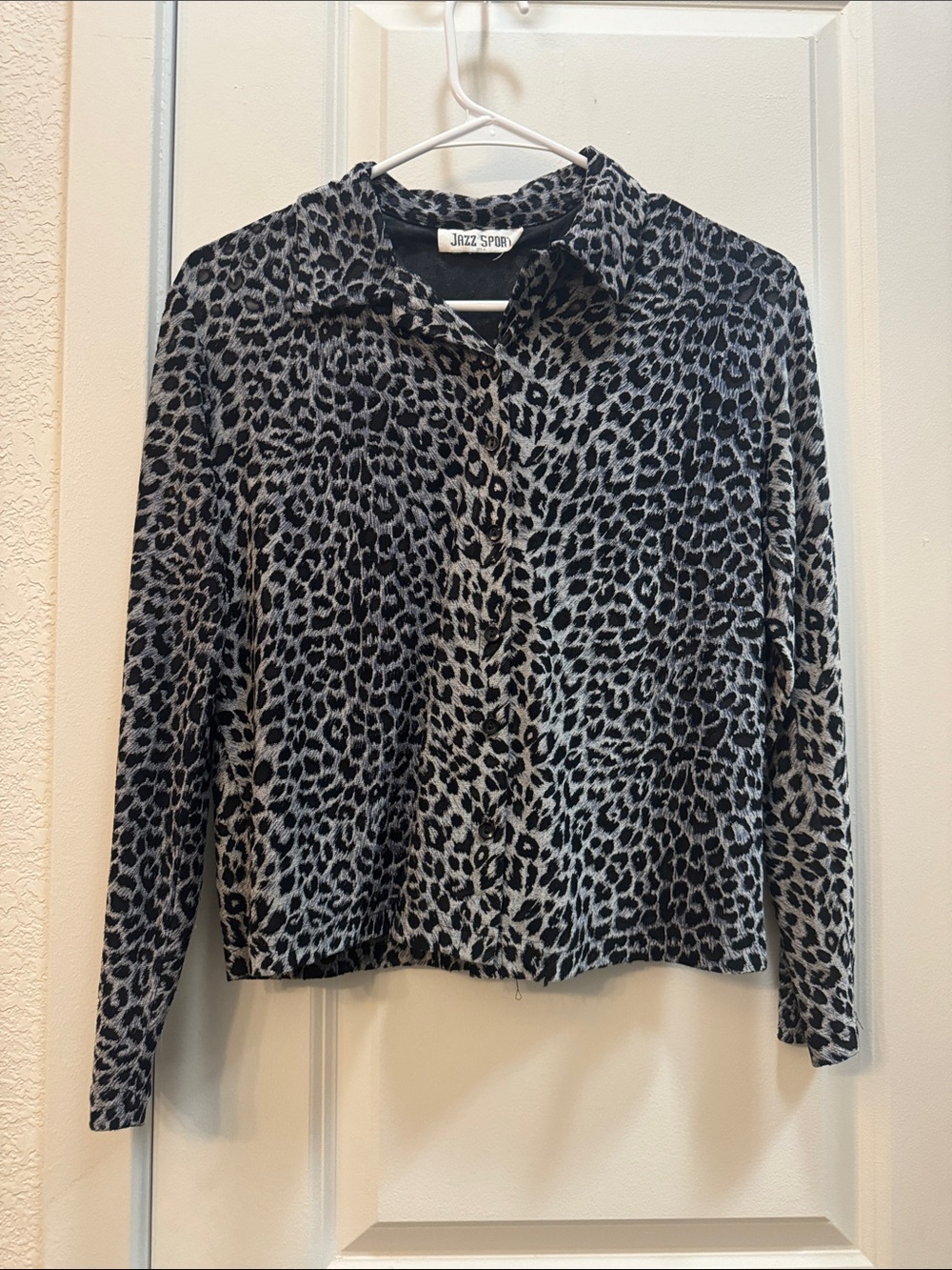 Vintage Y2K Women's Black & Gray Leopard Print Button-Up Top